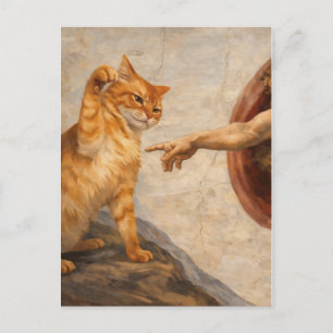 Cartão Postal Arte de Meme de Gato Engraçado Criação de Adão com