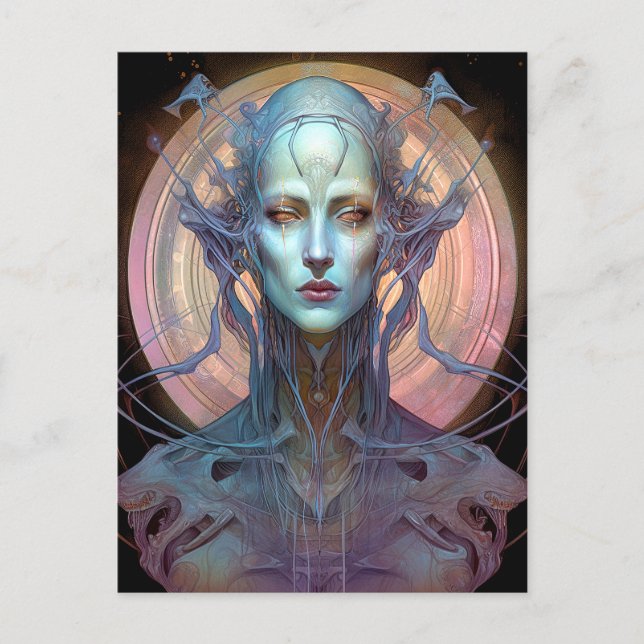Cartão Postal Arte de Mulher Alien Surreal Estranha (Frente)