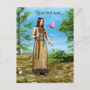 Cartão Postal Arte de Mulher Indígena Americana Floresta Pássaro
