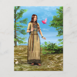 Cartão Postal Arte de Mulher Indígena Americana Floresta Pássaro