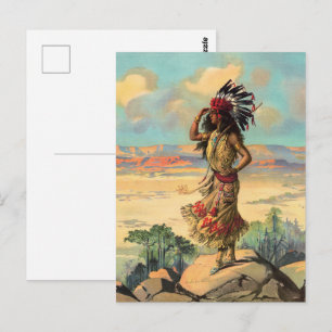 Cartão Postal Arte de Mulher Nativa Americana Vintage com Tocado