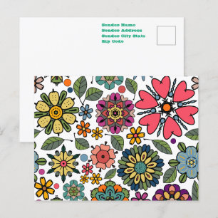Cartão Postal Arte de Padrão Sem Costura de Desenho Floral Retro