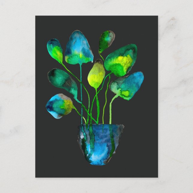 Cartão Postal Arte de planta em aquarela abstrata verde e azul (Frente)