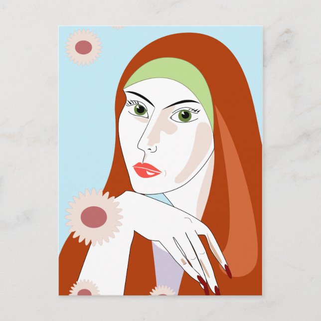 Cartão Postal Arte de retrato floral retrô de ruiva (Frente)