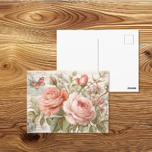 Cartão Postal Arte de Rosas e Borboleta em Jornal Velho