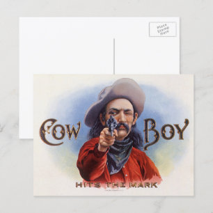 Cartão Postal Arte de Rótulo de Charuto Antigo, Cowboy Acerta o