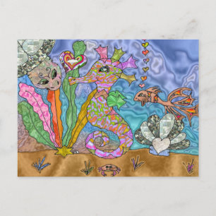 Cartão Postal Arte de Tartaruga Marinha Cavalo-Marinho Psicodéli