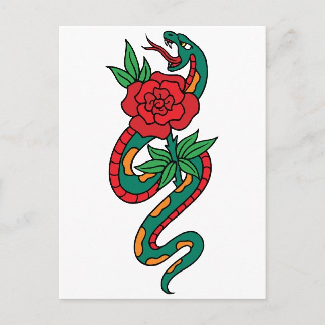 Cartão Postal Arte de tatuagem de rosa vermelha envolta por cobr (Frente)