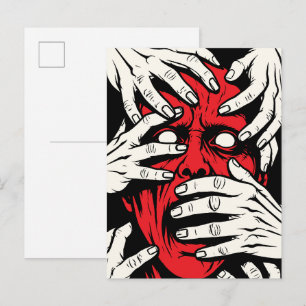 Cartão Postal Arte de Terror do Demônio Vermelho Cobrindo o Rost