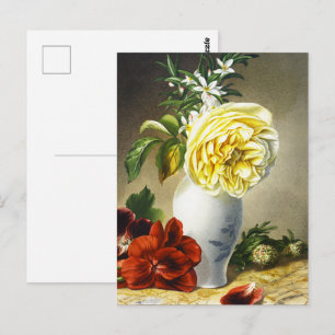 Cartão Postal Arte de Vaso Floral com Rosa Amarela Vintage e Pen