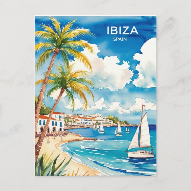 Cartão Postal Arte de Viagem de aquarela Ibiza Espanha (Frente)