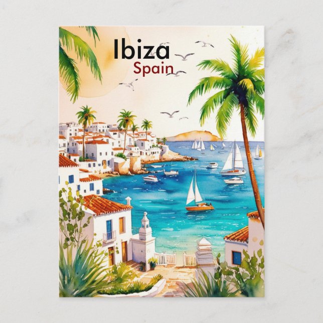 Cartão Postal Arte de Viagem de aquarela Ibiza Espanha (Frente)
