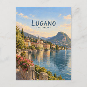 Cartão Postal Arte de Viagem Pintura de Lugano