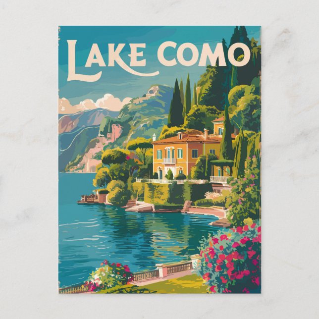 Cartão Postal Arte de Viagem Pintura do Lago Como Vintage (Frente)