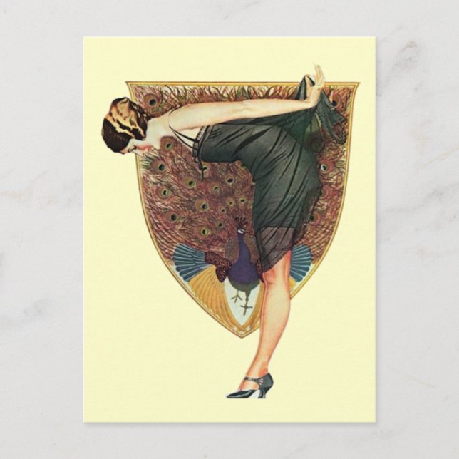 Cartão Postal Arte Deco Antigo Flapper com Pavão  (Frente)