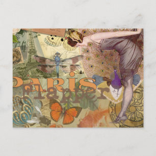 Cartão Postal Arte Deco Colagem de Pavão Flapper Paris Antigo