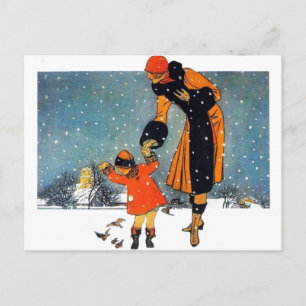 Cartão Postal Arte Deco Vintage de Inverno Mãe e Filho na Neve