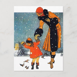 Cartão Postal Arte Deco Vintage de Inverno Mãe e Filho na Neve