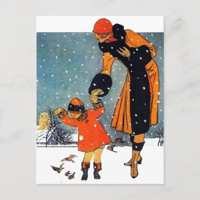 Cartão Postal Arte Deco Vintage de Inverno Mãe e Filho na Neve  (Frente)
