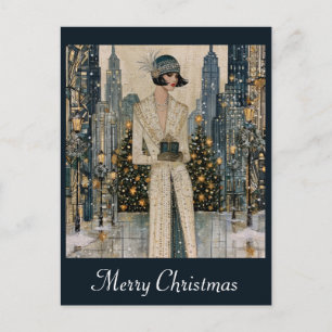 Cartão Postal Arte Deco Vintage de Natal Cidade Mulher Flapper