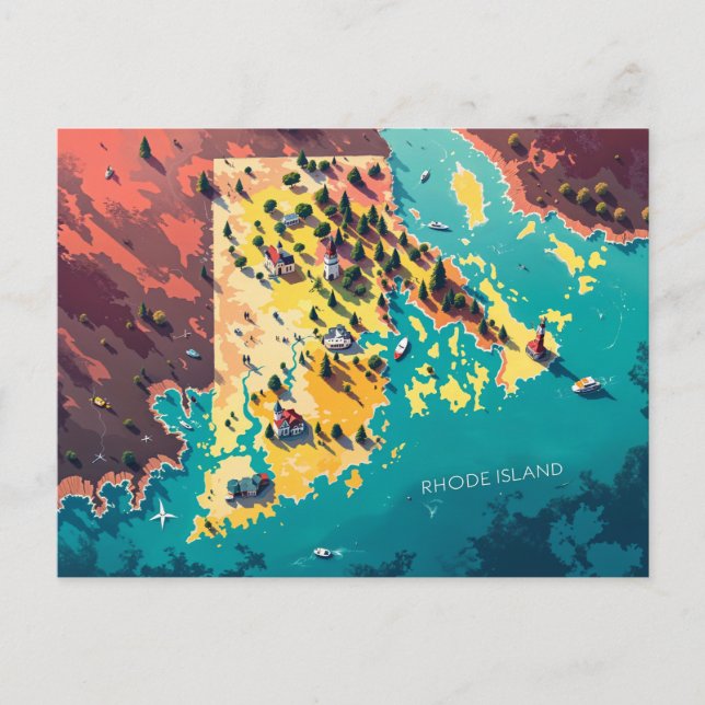 Cartão Postal Arte do Mapa Costeiro de Rhode Island Vibrante (Frente)