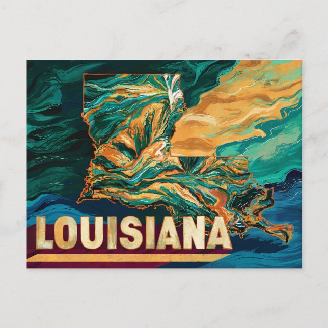 Cartão Postal Arte do Mapa da Louisiana Vibrante (Frente)
