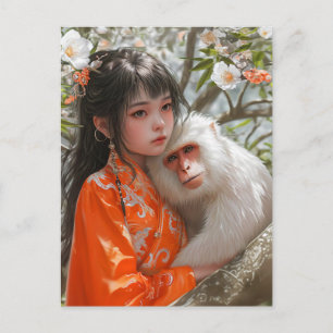 Cartão Postal Arte do Zodíaco Chinês da Menina com Macaco