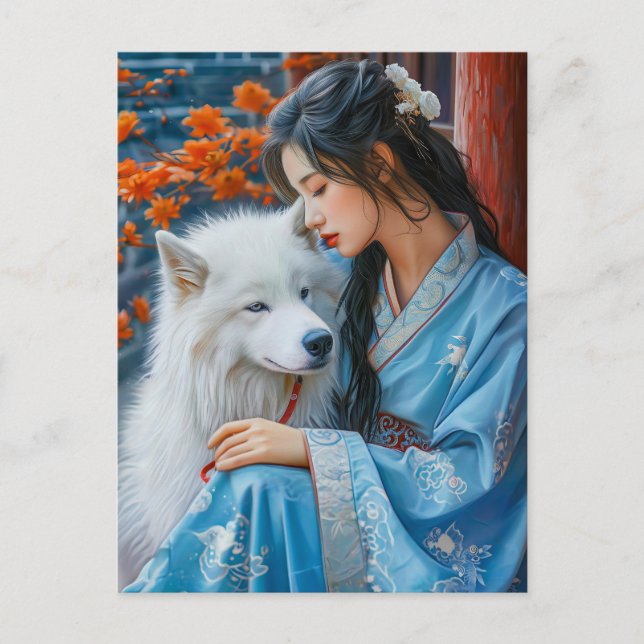 Cartão Postal Arte do Zodíaco Chinês Menina com Cachorro (Frente)