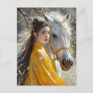 Cartão Postal Arte do Zodíaco Chinês Menina com Cavalo