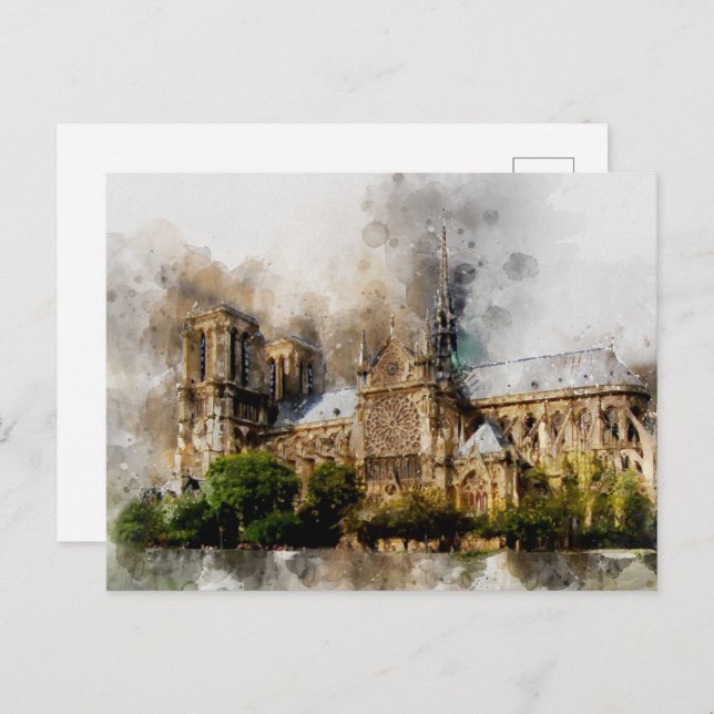 Cartão Postal Arte Elegante de Aquarela da Catedral de Notre Dam (Frente/Verso)