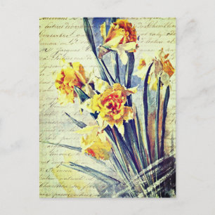 Cartão Postal Arte Elegante de Aquarela Vintage Narcisos Amarelo