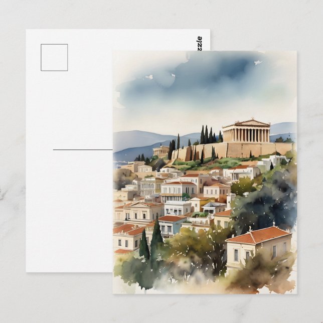 Cartão Postal Arte em aquarela Atenas Grécia (Frente/Verso)