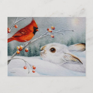 Cartão Postal Arte em Aquarela: Coelho da Neve e Pássaro Cardina