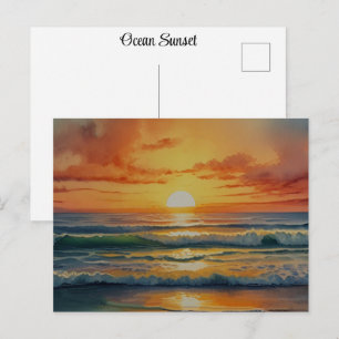 Cartão Postal Arte em Aquarela Colorida do Oceano Pôr do Sol Nas