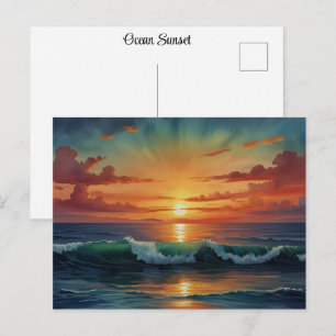 Cartão Postal Arte em Aquarela Colorida do Oceano Pôr do Sol Nas