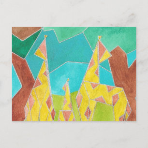 Cartão Postal Arte em Aquarela da Família de Girafas