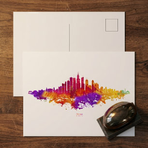 Cartão Postal Arte em Aquarela da Silhueta de Chicago em Fundo B