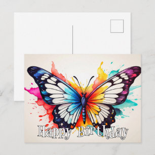 Cartão Postal Arte em Aquarela de Borboleta Colorida de Feliz An