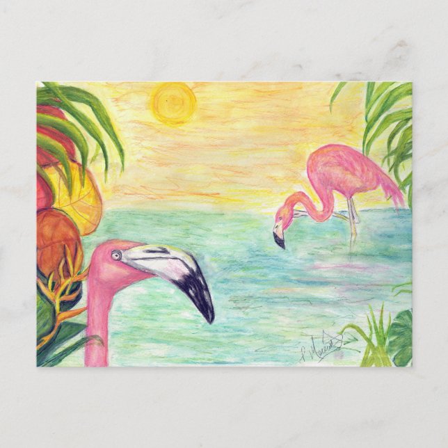 Cartão Postal Arte em Aquarela de Dois Flamingos da Flórida (Frente)