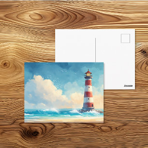 Cartão Postal Arte em Aquarela de Farol Costeiro na Praia