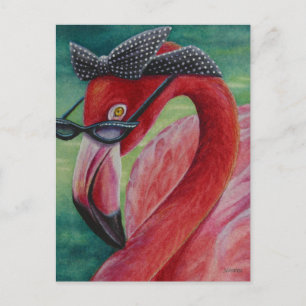 Cartão Postal Arte em Aquarela de Flamingo Rosa Retro Glamouroso