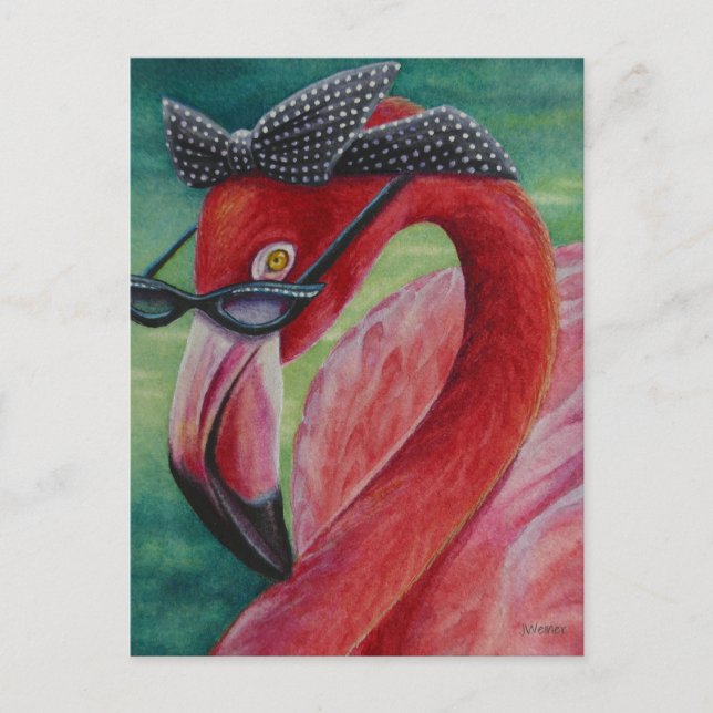 Cartão Postal Arte em Aquarela de Flamingo Rosa Retro Glamouroso (Frente)