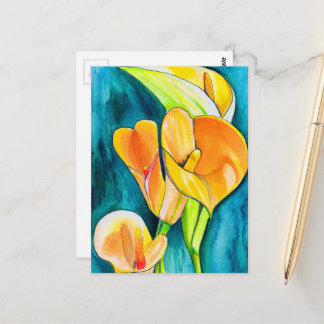 Cartão Postal Arte em aquarela de flor de lírio-calla laranja