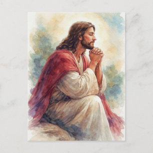Cartão Postal Arte em Aquarela de Jesus em Oração Fé Cristã