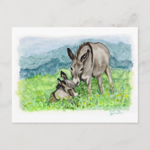 Cartão Postal Arte em Aquarela de Jumenta Miniatura e seu Bebê