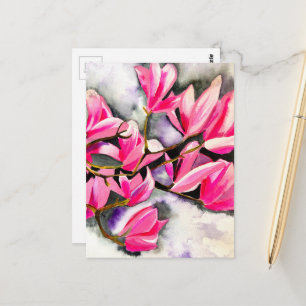 Cartão Postal Arte em aquarela de magnólia rosa