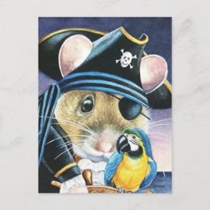 Cartão Postal Arte em Aquarela de Rato Pirata com Fantasia de Ha