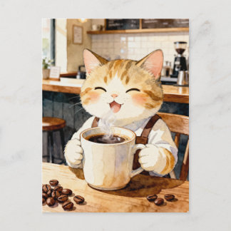 Cartão Postal Arte em Aquarela do Gato Barista Aconchegante
