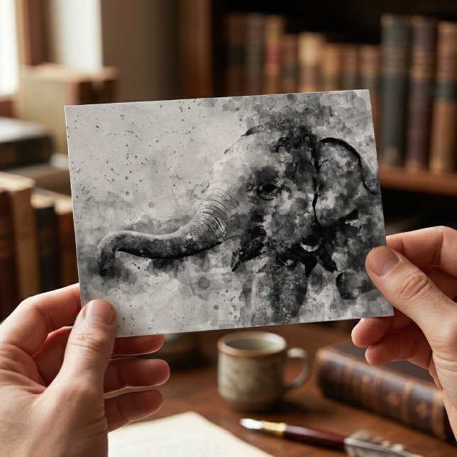 Cartão Postal Arte em Aquarela Preto e Branco de Elefante Bebê F (Cute Baby Elephant Black and White Watercolor Art. Postcard)