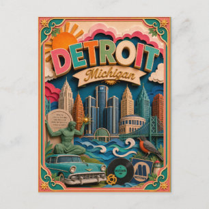 Cartão Postal Arte em Papel de Detroit Michigan PopCut Estados